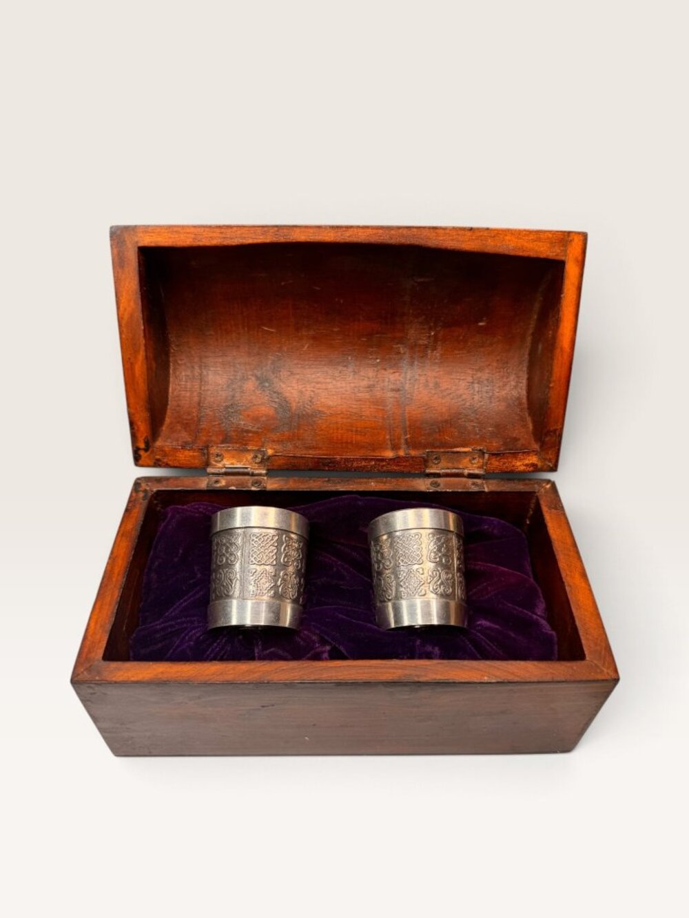 Mullingar Pewter Ireland Celtic Shot Cups Pair Wood Chest Box Velvet Care Insert